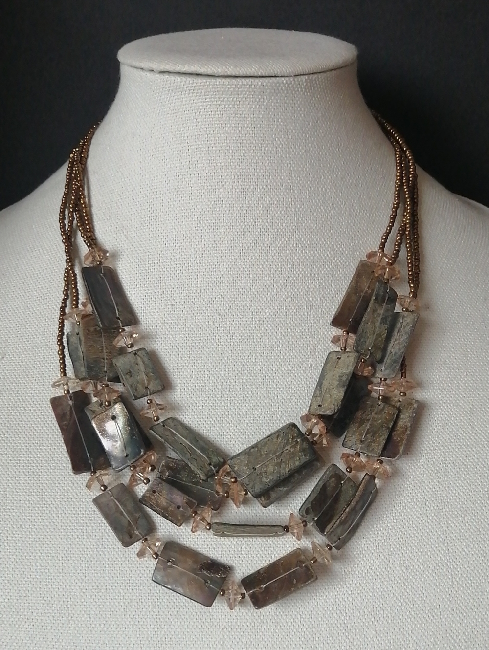 Multi-Strand Rectangular Stone Necklace in Brown and Metallic Tones